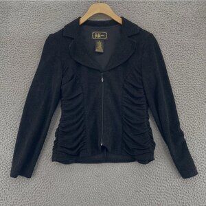 R&K Jacket Womens 4 Petite Black Glitter Full Zip Ruched Sides Stretch Evening